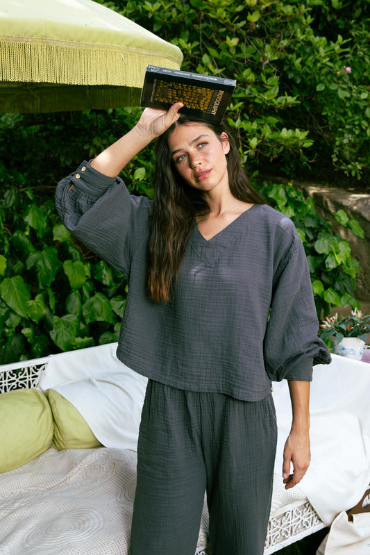 Handarte Los Angeles Antrasit V Yaka Lodos Top