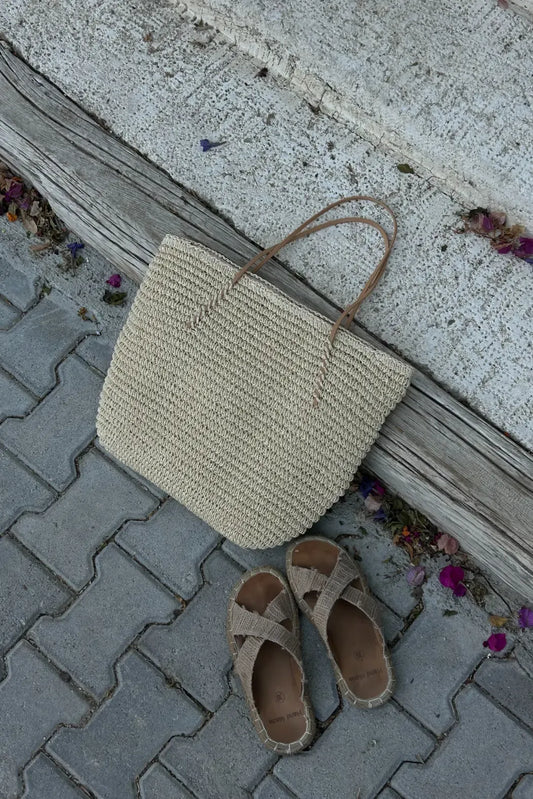 Loventa Harmony Zippered Straw Bag Camel Beige