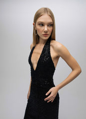 Moonlit – Deep V Decolleted Embroidered Dress with Neck Strap