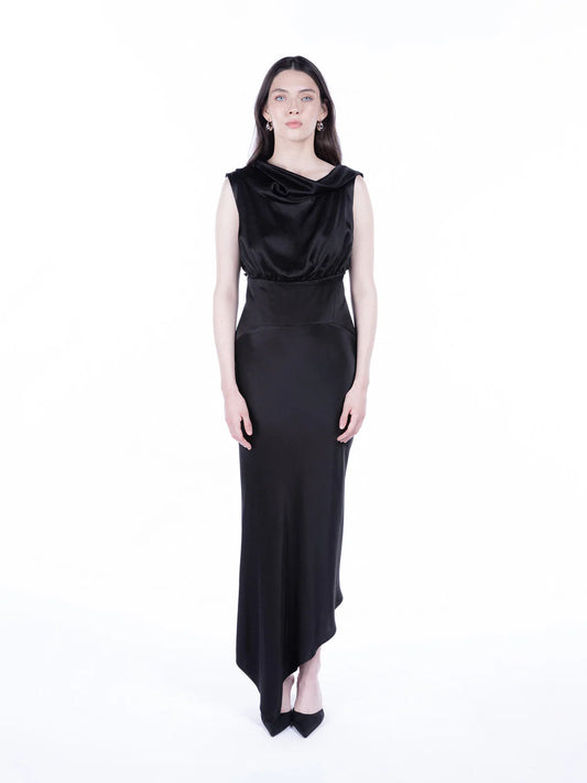 Peploum Lea Folded Neckline Satin Dress Black