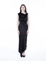 Peploum Lea Folded Neckline Satin Dress Black