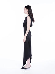 Peploum Lea Folded Neckline Satin Dress Black