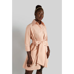 Belted Gathered Cotton Shirt Dress (Peach)