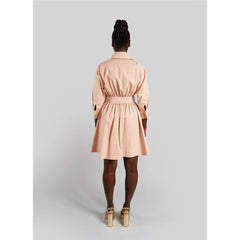 Belted Gathered Cotton Shirt Dress (Peach)