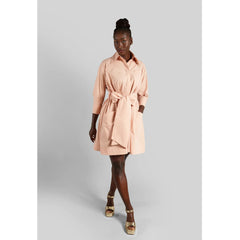 Belted Gathered Cotton Shirt Dress (Peach)