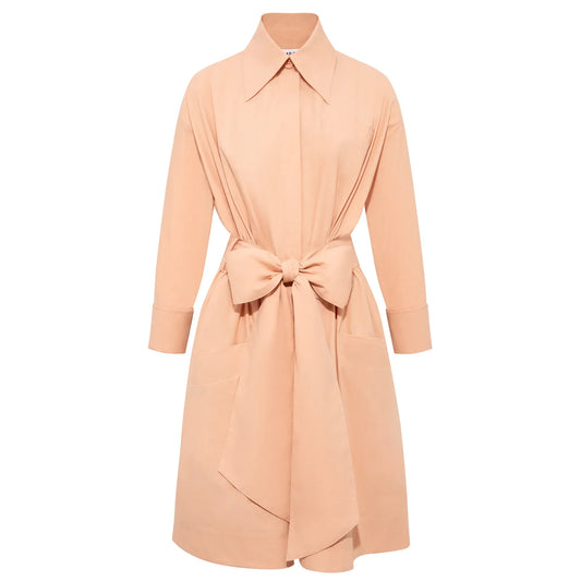 Belted Gathered Cotton Shirt Dress (Peach)