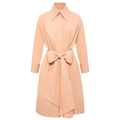 Belted Gathered Cotton Shirt Dress (Peach)