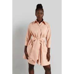 Belted Gathered Cotton Shirt Dress (Peach)