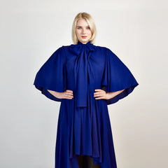 Bow Tie Neck Cape Sleeve Maxi Dress (Midnight Blue)