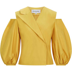 Femponiq Cold Shoulder Puff Sleeve Lapel Top (Golden Yellow)
