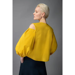 Femponiq Cold Shoulder Puff Sleeve Lapel Top (Golden Yellow)