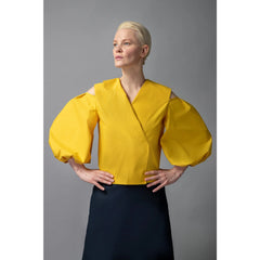 Femponiq Cold Shoulder Puff Sleeve Lapel Top (Golden Yellow)