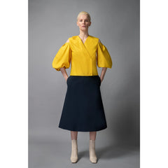 Femponiq Cold Shoulder Puff Sleeve Lapel Top (Golden Yellow)