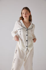 Handarte Los Angeles Nota Desen Beyaz Uzun Pijama Takımı