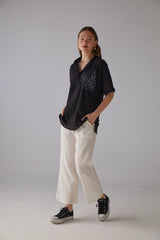 Handarte Los Angeles Yaprak Desenli Kısa Kollu Siyah Gömlek