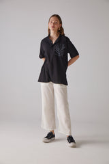 Handarte Los Angeles Yaprak Desenli Kısa Kollu Siyah Gömlek