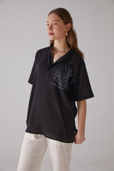 Handarte Los Angeles Yaprak Desenli Kısa Kollu Siyah Gömlek