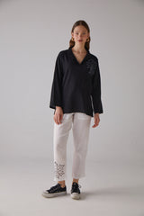 Handarte Los Angeles Çınar Desenli Uzun Kollu Siyah Gömlek