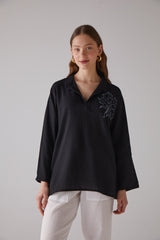 Handarte Los Angeles Çınar Desenli Uzun Kollu Siyah Gömlek