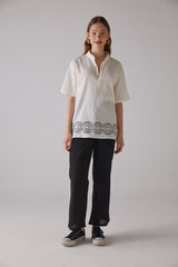 Handarte Los Angeles Geometri Desen Kısa Kollu Bej Gömlek