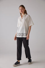 Handarte Los Angeles Geometri Desen Kısa Kollu Bej Gömlek