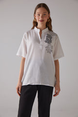 Handarte Los Angeles Çınar Desenli Kısa Kollu Beyaz Gömlek