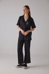 Handarte Los Angeles Kare Desenli Kısa Kollu Siyah Gömlek