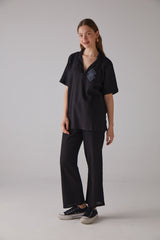 Handarte Los Angeles Kare Desenli Kısa Kollu Siyah Gömlek