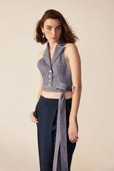 Crescent Line Coolsky Belted Blouse – Elegant in Blue