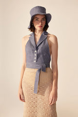 Crescent Line Coolsky Belted Blouse – Elegant in Blue