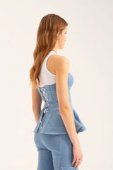 Crescent Line Flow Denim Belt Blouse – Blue