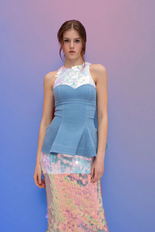 Crescent Line Flow Denim Belt Blouse – Blue