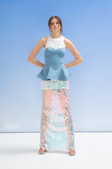 Crescent Line Mermaid Denizkızı Uzun Hologram Elbise Çok Renkli