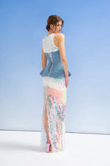 Crescent Line Mermaid Denizkızı Uzun Hologram Elbise Çok Renkli