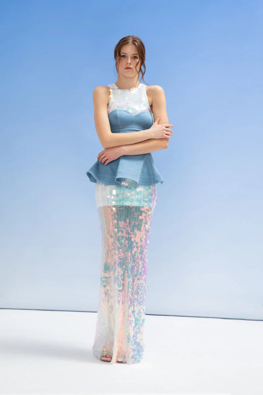 Crescent Line Mermaid Denizkızı Uzun Hologram Elbise Çok Renkli