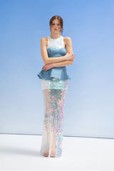 Crescent Line Mermaid Denizkızı Uzun Hologram Elbise Çok Renkli