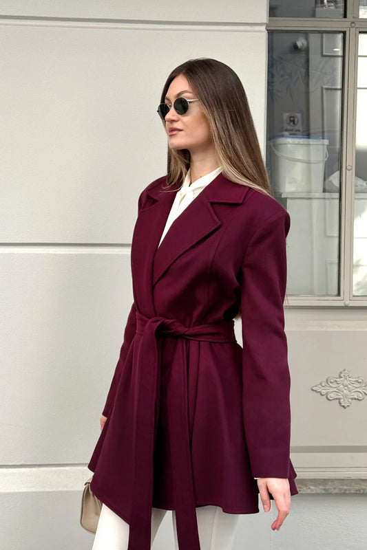 Crescent Line Rose Short Coat – Wine Red