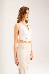 Crescent Line Sail Double-Breasted Belt Blouse – White