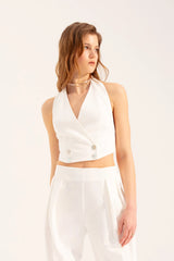 Crescent Line Sail Double-Breasted Belt Blouse – White