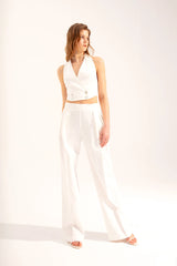 Crescent Line Sail Double-Breasted Belt Blouse – White