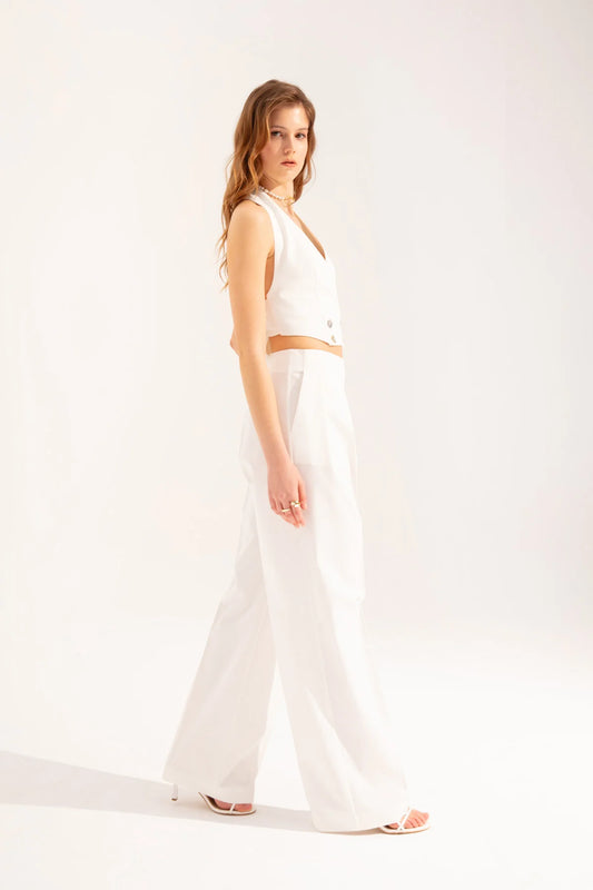 Crescent Line Sail Double-Breasted Belt Blouse – White