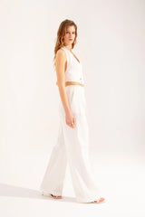 Crescent Line Sail Double-Breasted Belt Blouse – White