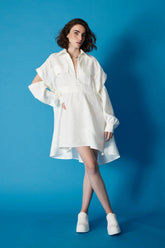Crescent Line Sunlit Linen Tunic Dress – White