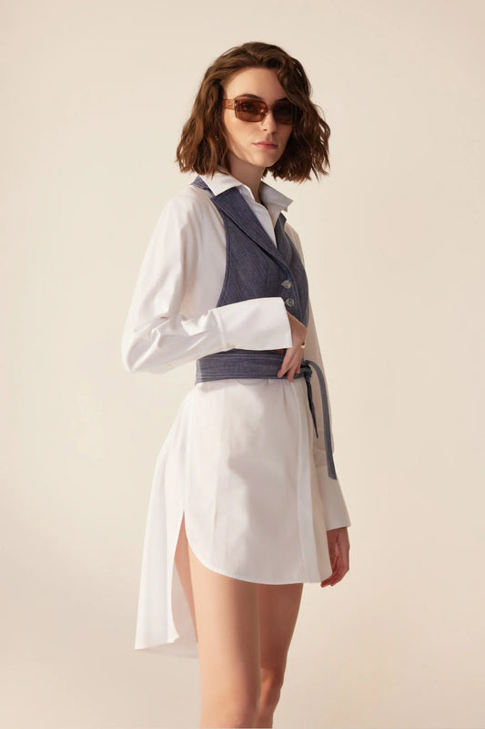 Crescent Line Parıltılı Gömlek Elbise – Beyaz