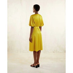 Draped Puff Sleeve Satin Dress (Golden Yellow)
