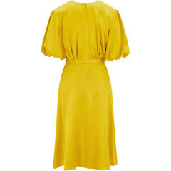 Draped Puff Sleeve Satin Dress (Golden Yellow)