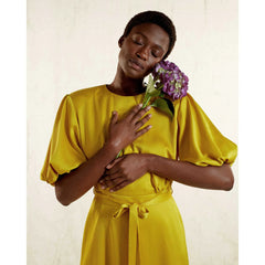 Draped Puff Sleeve Satin Dress (Golden Yellow)