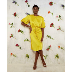 Draped Puff Sleeve Satin Dress (Golden Yellow)