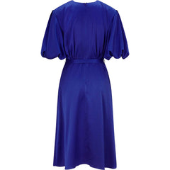 Femponiq Draped Puff Sleeve Satin Dress (Royal Blue)