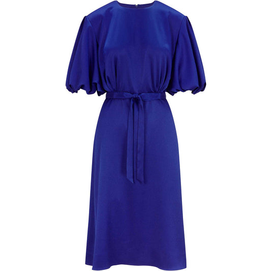 Femponiq Draped Puff Sleeve Satin Dress (Royal Blue)